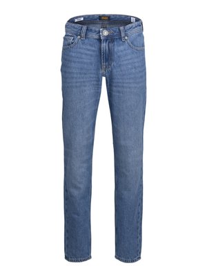 Jeans de mezclilla azul claro con corte recto, que cuentan con un cierre frontal de botón, cinco bolsillos y un ligero desgaste a lo largo de los muslos.