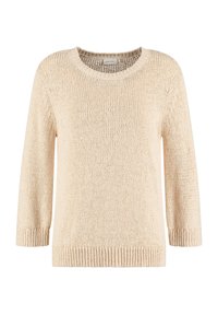 Beige gestrickter Pullover mit Rundhalsausschnitt, Dreiviertelärmeln und geripptem Saum. Leichte Textur und offenes Strickmuster.
