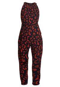 Mono negro con estampado de leopardo rojo, diseño de cuello halter, cintura cinturón y piernas ajustadas. Hecho de tejido elástico con una textura suave.