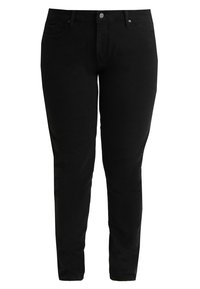 Jeans de denim negro con un corte ajustado, que cuentan con cinco bolsillos, cierre de botón y cremallera, y un ligero estiramiento para mayor comodidad.