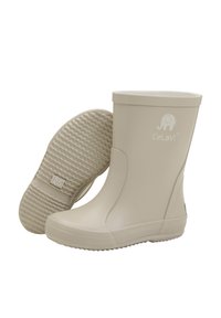 Bottes en caoutchouc beige clair avec une texture lisse, orteil arrondi et semelle à motif. Logo sur le devant et hauteur modérée pour le soutien de la cheville.