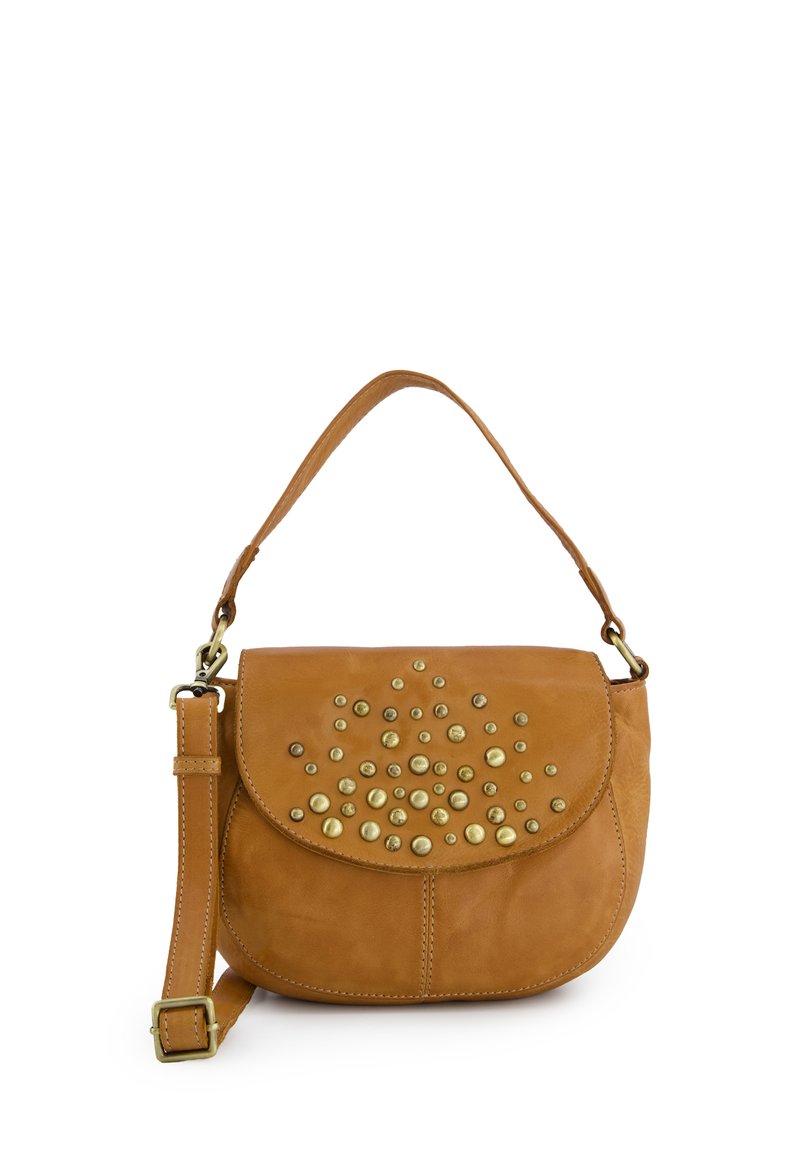 Tan leather crossbody bag with a curved flap and studded detailing. Features a detachable strap and smooth texture. Gold hardware accents.
