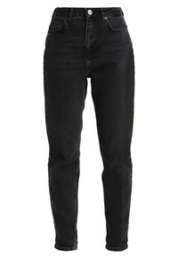 Högmidjade svarta denimjeans med smal passform, fem fickor och traditionell dragkedja. Tyget har en slät yta och lätt stretch.