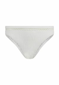 Slip bikini bianco con tessuto testurizzato caratterizzato da motivi ondulati e una vita decorativa intrecciata per un tocco di originalità.