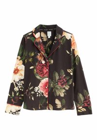 Blůza s květinovým vzorem na tmavém pozadí, zdobená živými květinami a listy, zapínání na knoflíky a kontrastním červeným lemováním podél okrajů.