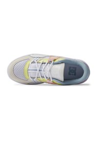 DC shoes, white mesh and leather upper, light green and pink accents, round toe, padded collar, and textured sole.