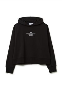 Zwarte cropped hoodie gemaakt van zachte stof, voorzien van een capuchon met trekkoord en witte geborduurde tekst in het midden. Geribbelde manchetten en tailleband.