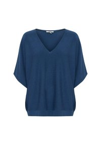 Top de color azul marino hecho de una tela suave, con escote en V y mangas cortas y anchas. Textura suave con un corte relajado y dobladillo acanalado.