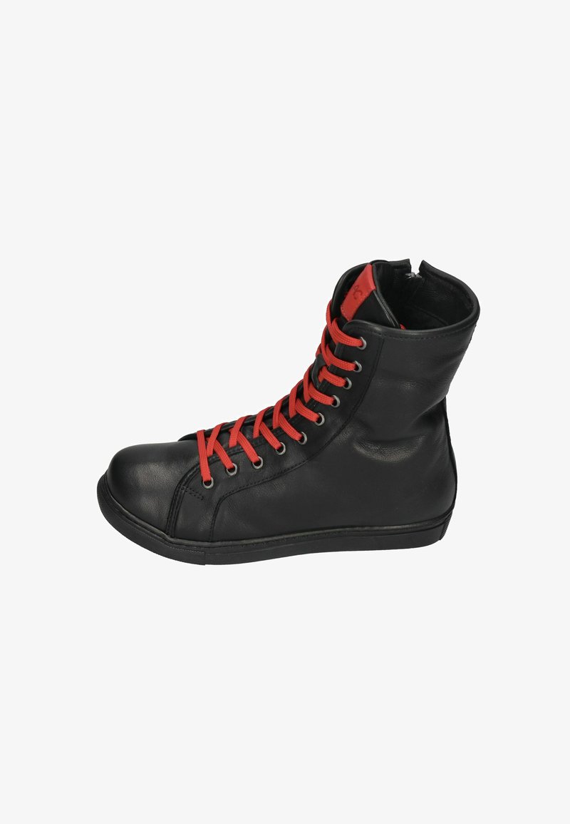 Black high-top sneaker with bright red laces and a red detail on the tongue, made of smooth leather.