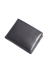 Cartera de cuero negra con una textura suave, diseño de doble pliegue y bordes cosidos. Presenta un logotipo en relieve en la parte frontal.