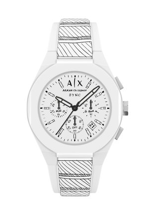 Hvid Armani Exchange Sync ur med sorte time-, minut- og sekundvisere, kronograf urskiver, datovindue og mønstret rem.