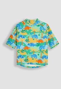 Rash guard cu mânecă scurtă, de culoare turcoaz, cu un model de dinozauri și palmieri în nuanțe de portocaliu, albastru și verde. Fabricat din material ușor.