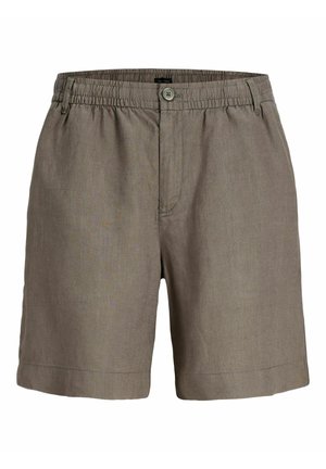 Chaki spalvos lininės šortai su elastine juosmens juosta ir sagos užsegimu. Yra priekinė kišenė ir tiesus kirpimas. Švelni, lengva tekstūra.