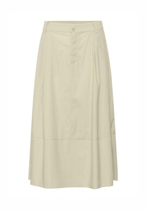 Bézs A-vonalú midi szoknya dupla gombos derékrésszel, övtartókkal és finom varrási részletekkel.