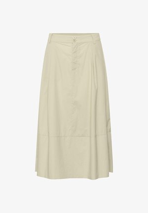 Bézs A-vonalú midi szoknya dupla gombos derékrésszel, övtartókkal és finom varrási részletekkel.