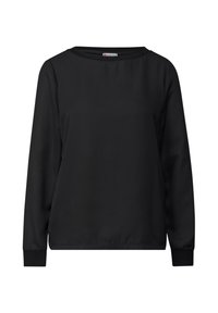 Černý dlouhý rukáv top vyrobený z hladké tkaniny. Má kulatý výstřih a žebrované manžety. Jednoduchý design, bez dalších vzorů nebo akcentů.