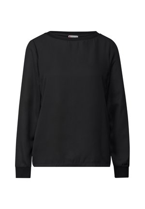 Top noir à manches longues en tissu lisse. Doté d'un col rond et de poignets côtelés. Design simple, sans motifs ni accents supplémentaires.