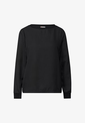 Schwarz langärmliges Oberteil aus glattem Stoff. Verfügt über einen runden Halsausschnitt und gerippte Bündchen. Einfaches Design, ohne zusätzliche Muster oder Akzente.