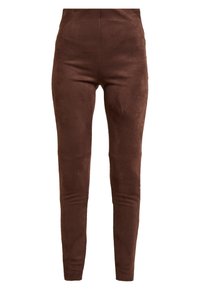 Leggings marron effet suède avec une coupe ajustée, présentant une texture lisse et sans coutures visibles, s'étendant jusqu'à la cheville.