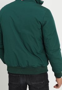 Giacca bomber verde imbottita con colletto alto, polsini e vita a coste, caratterizzata da una texture liscia e un design minimalista.