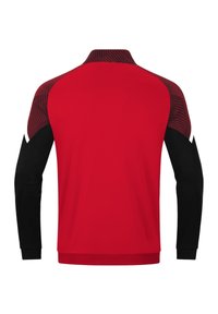 Red long-sleeve jacket with black sleeves and a patterned red and black collar, shown from the back on a white background.