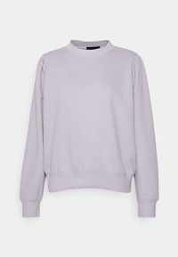 Ljuslila sweatshirt tillverkad av mjukt tyg, med hög hals, långa ärmar och en avslappnad passform med rynkade detaljer vid axlarna.