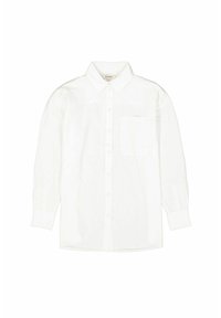 Weißes Langarmhemd aus leichtem Baumwollstoff. Verfügt über einen Button-Down-Kragen, eine kleine Brusttasche und eine Knopfleiste.
