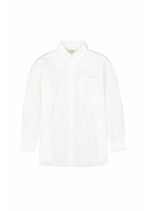 Chemise blanche à manches longues en coton léger. Présente un col boutonné, une petite poche poitrine et une fermeture à boutons sur le devant.