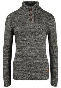 Pull-over en maille gris foncé avec un col montant, doté de trois boutons marron et d'un motif texturé. Accentué par un petit logo.