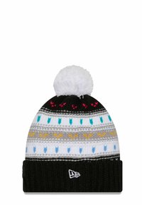 Strickmütze mit einem weißen Pompon, ausgestattet mit mehrfarbigen Streifen in Schwarz, Grau, Weiß und hellen Akzenten. Gefalteter schwarzer Rippbündchen mit Logo.