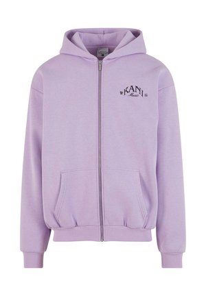 Lavender zip-up hoodie made of soft fabric, featuring a kangaroo pocket, ribbed cuffs and hem, and a black "KANI Music" logo on the chest.