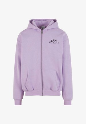 Lavendli tõmblukuga kapuutsiga sviiter pehmest kangast, millel on känguru tasku, soonikkoes varrukad ja hem ning must "KANI Music" logo rinna peal.