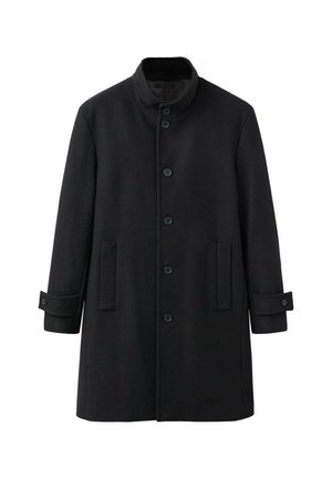 Schwarzer Wollmantel mit hohem Kragen, Knopfleiste und zwei Fronttaschen. Verfügt über einen geraden Schnitt und Umschlagärmel. Glatte Textur.