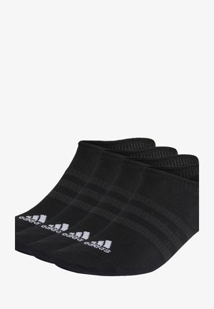 Schwarze Knöchelsocken aus einem dehnbaren Stoff, mit einem gerippten Bündchen und drei horizontalen Streifen; einschließlich weißem Logodetail.