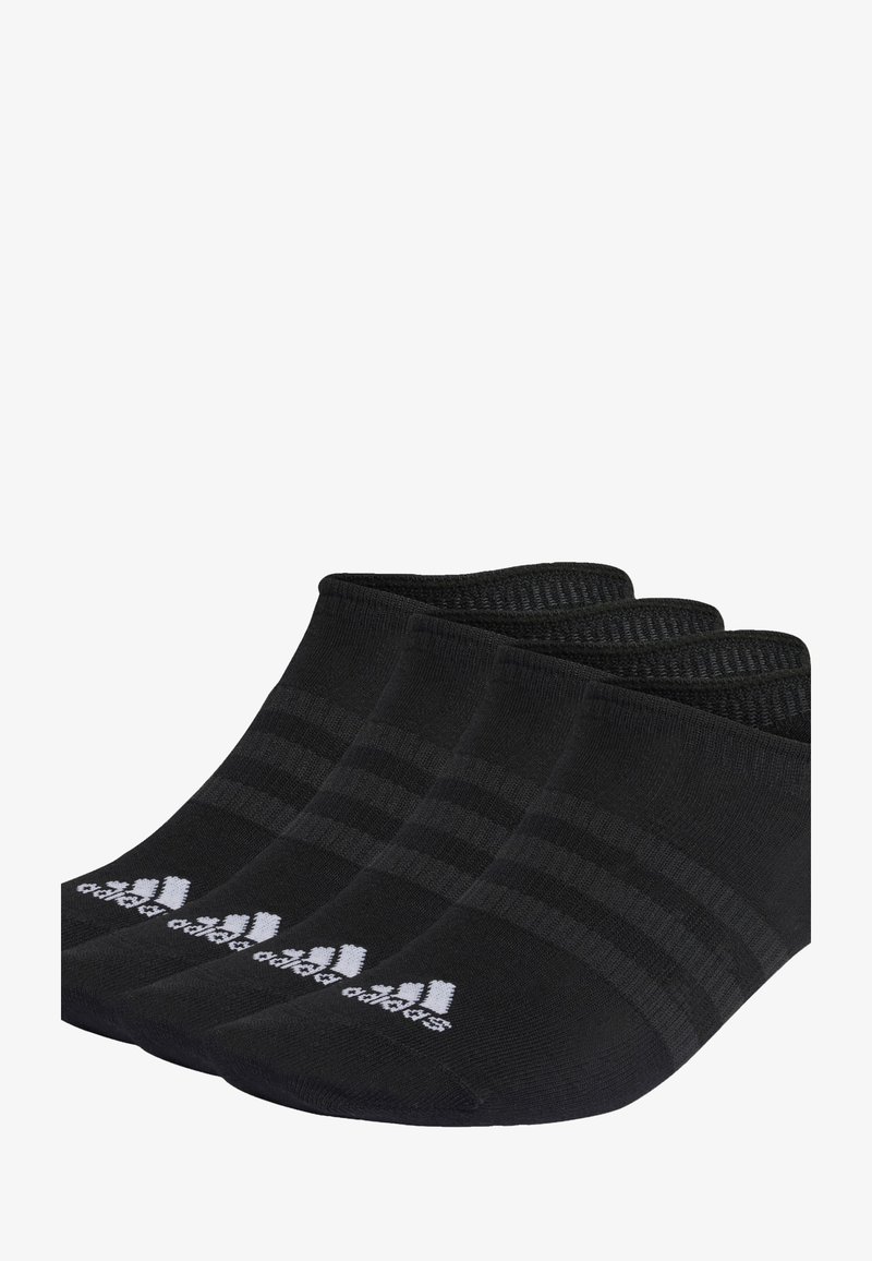 Black ankle socks made from a stretchy fabric, featuring a ribbed cuff and three horizontal stripes; includes white logo detail.