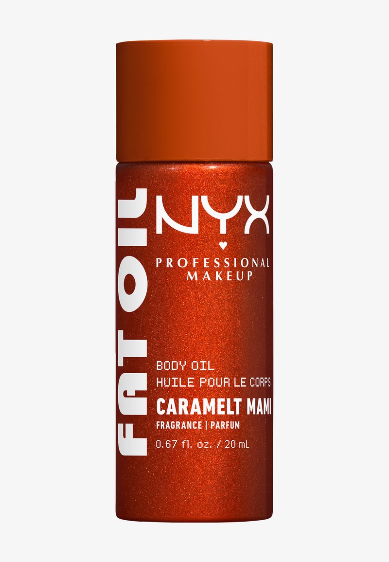 Small metallic orange bottle of NYX Professional Makeup Fat Oil body oil in Caramelt Mami fragrance, 20 milliliters.