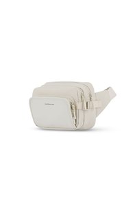 Banane beige avec trois compartiments zippés et sangle ajustable, conçue pour un port mains libres.