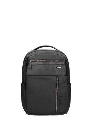 Black backpack with top handle, two front zippered pockets, and side pockets, designed for everyday or travel use.
