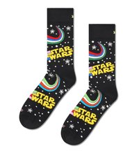 Chaussettes noires avec un texte coloré "Star Wars", des motifs de swoosh en arc-en-ciel et des motifs d'étoiles blanches. Fabriquées en matériau doux et extensible.
