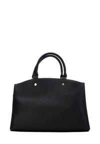 Borsa a tracolla in pelle nera con superficie testurizzata, manici arrotondati e due dettagli in metallo dorato sul fronte. Forma rettangolare.