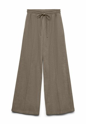 Pantalons évasés en tissu beige, dotés d'une taille élastique avec cordon de serrage et d'une texture lisse. Lignes épurées sans motifs visibles.