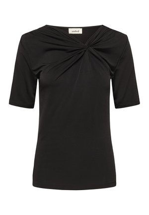 Fekete, rövid ujjú felső sima anyagból, csavarodott elülső részlettel és kerek nyakkivágással. Egyszerű, testhez simuló kialakítás díszítések nélkül.