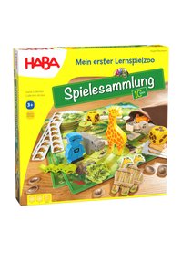 Colorful board game box featuring wooden animal pieces, bright yellow packaging, and illustrated game components on a green board.