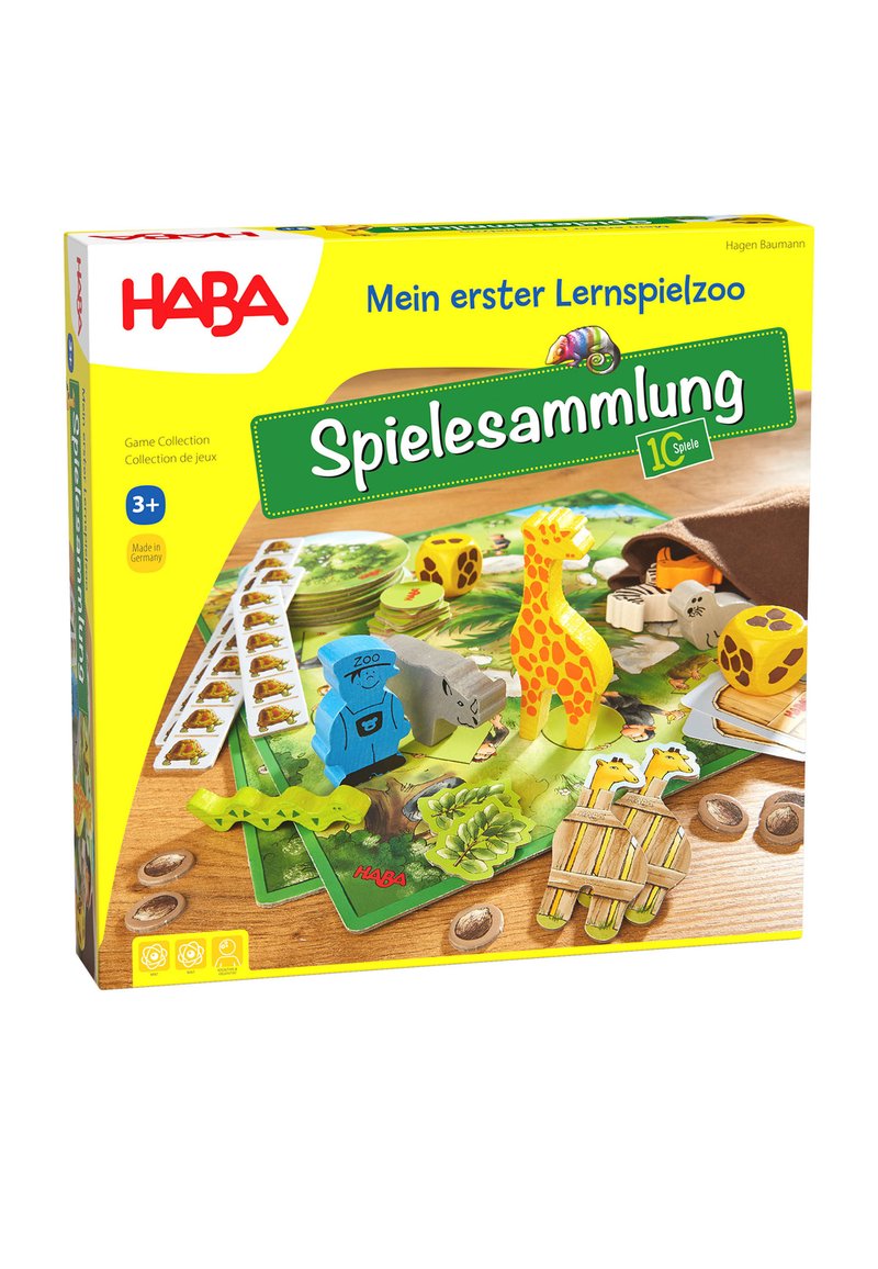 Colorful board game box featuring wooden animal pieces, bright yellow packaging, and illustrated game components on a green board.