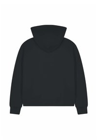 Sweat à capuche noir vu de dos avec manches longues, une poche frontale et une capuche attachée sur fond blanc.
