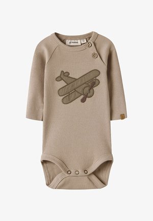 Beżowe prążkowane niemowlęce body z długim rękawem, zapinane na zatrzaski na ramieniu i na dole, z przeszytym wzorem vintage samolotu na piersi.