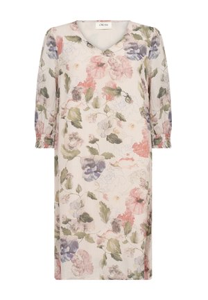 Floral midi dress in pastel colors featuring a V-neck, three-quarter sleeves with smocked cuffs, and a lightweight, textured fabric.