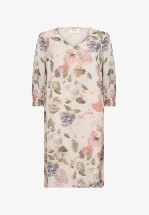 Pasztell színekben, V-nyakkivágással, háromnegyedes ujjal és húzott mandzsettával készült virágmintás midi ruha, amely könnyű, texturált anyagból készült.