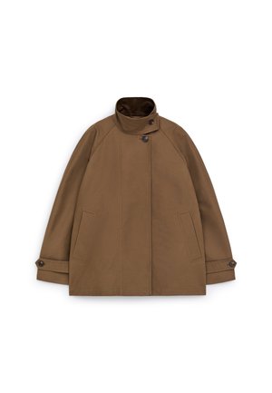 Brown buttoned coat with stand collar, two front pockets, and buttoned sleeve cuffs, laid flat on a white background.