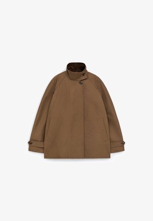 Brown buttoned coat with stand collar, two front pockets, and buttoned sleeve cuffs, laid flat on a white background.